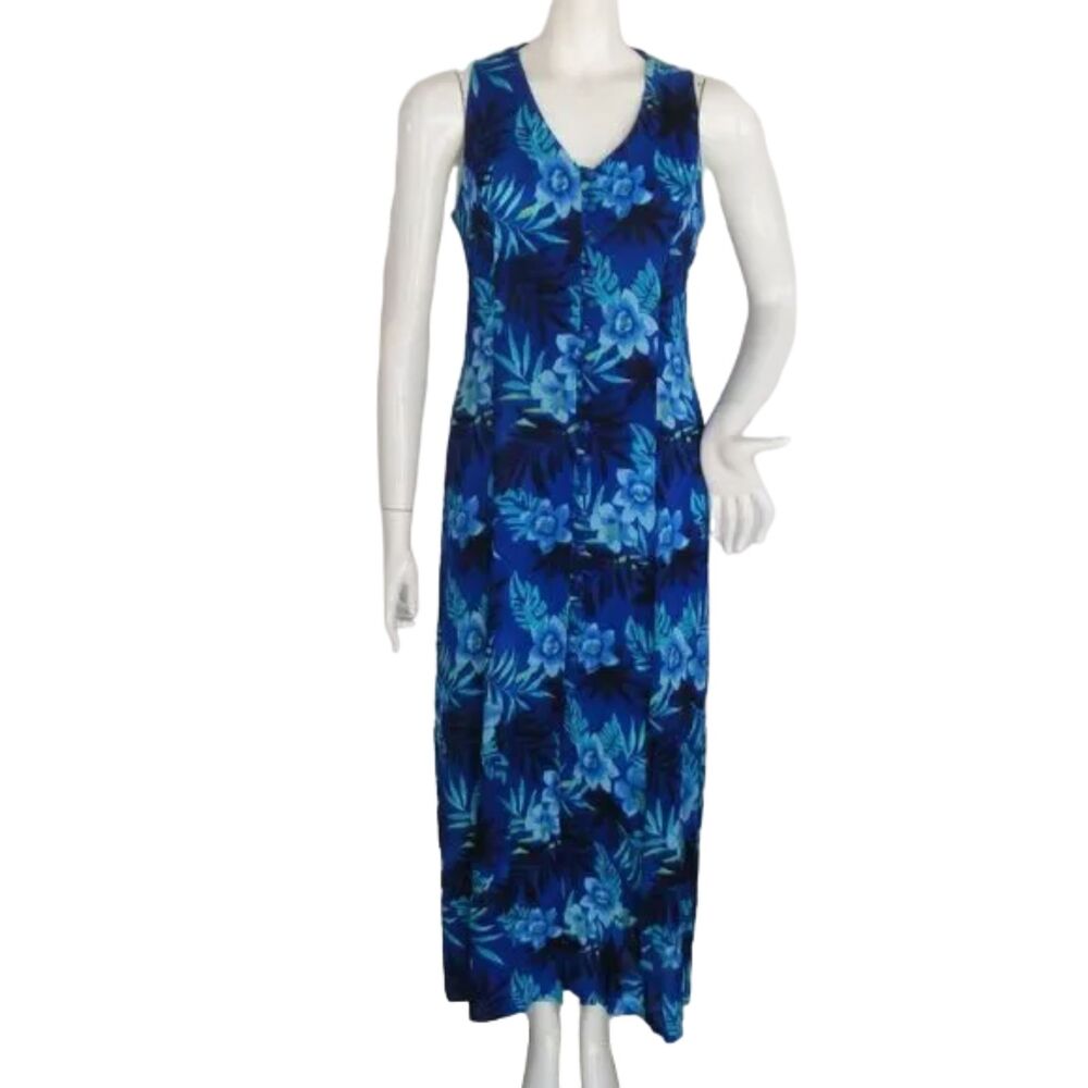 Vintage DAWN JOY Maxi Dress, 7/8, Blue Floral, Crossed back, Buttons, Sleeveless
